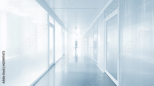 Blurred Modern Business corridor. Out of focus man walking down a modern corridor