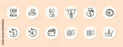 Cashback line icon. Money, discounts, bonuses, savings, dollars, euros, bitcoin. Pastel color background. Vector line icon for business