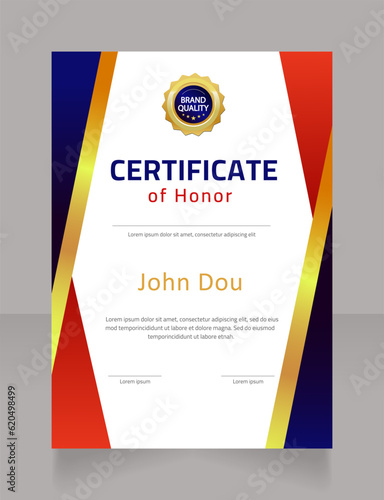 Honour certificate for academic performance design template. Vector diploma with customized copyspace and borders. Printable document for awards and recognition. Cairo, Calibri Regular fonts used photo