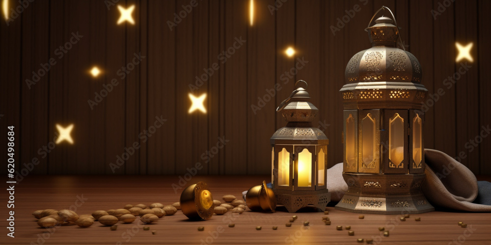 Ramadan festival lantern and props on the floor background. Culture and religion concept. Digital art illustration