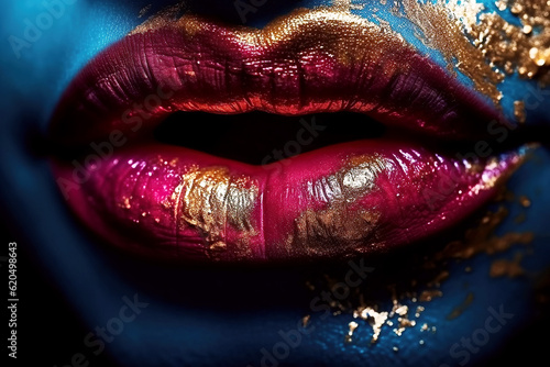 women's lips painted with multicolored paint with splashes. Art makeup. Generative AI