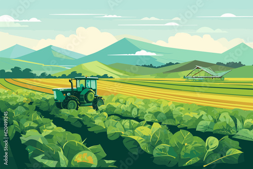 Fototapete Agriculture, tractors and harvester working in the field, harvesting, sunny day, vector flat illustration