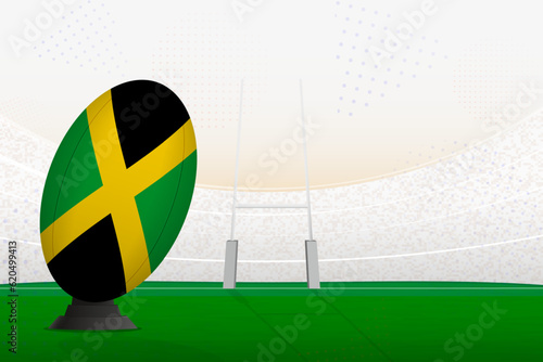 Jamaica national team rugby ball on rugby stadium and goal posts  preparing for a penalty or free kick.
