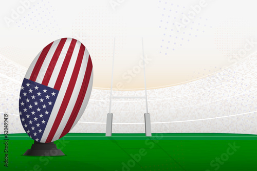 USA national team rugby ball on rugby stadium and goal posts, preparing for a penalty or free kick.