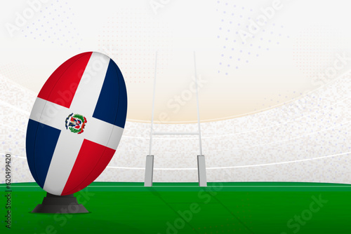 Dominican Republic national team rugby ball on rugby stadium and goal posts, preparing for a penalty or free kick.
