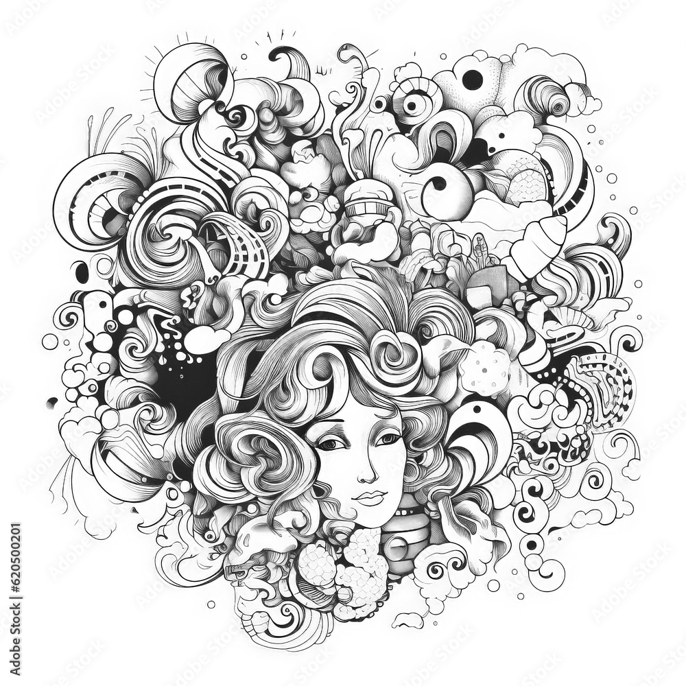 Hand drawn monochrome pencil drawing in doodle style. Anti-stress coloring. Abstract illustration in the avant-garde direction of surrealism. Generative AI Hand drawn monochrome pencil drawing in doodle style. Anti-stress coloring. Abstract illustration in the avant-garde direction of surrealism. Generative AI