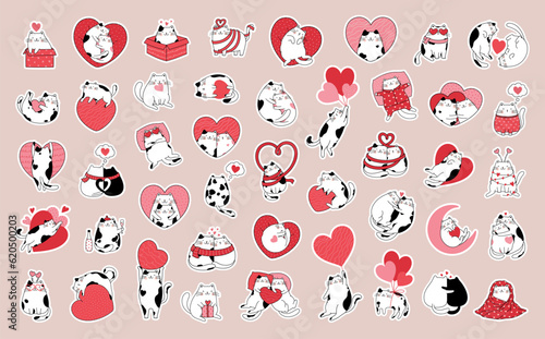 Set of stickers with cute cats in love. Hand drawn collection badges with funny kittens.