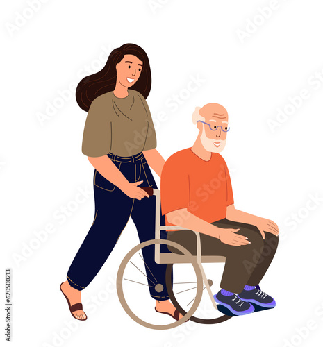 Loving Adult Woman Daughter riding his old disabled granddad in the wheelchair holding,supporting him.Family support illustration.Adult Daughter care,helping to senior father.Flat vector Illustration