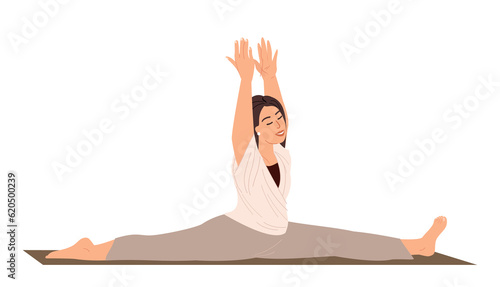 Young Female Character Stretching,do the leg-split, Realxing in Engage Yoga Practice Isolated.Woman in leg-split,Calmimg, Meditating,Practising Asana.Training Class.Cartoon People Vector Illustration photo