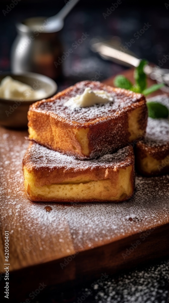 Pain Perdu garnished with powdered sugar and cinnamon, served on a wooden board Pain Perdu garnished with powdered sugar and cinnamon, served on a wooden board