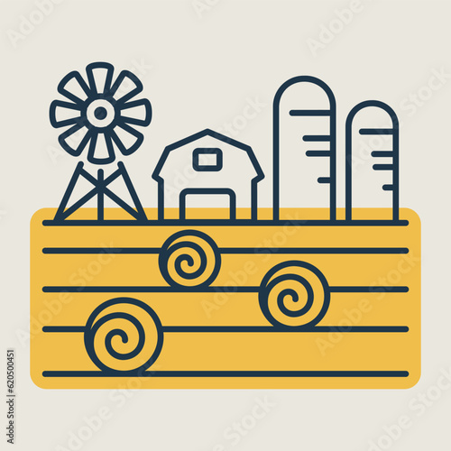 Farm landscape with barn, haystack and granary