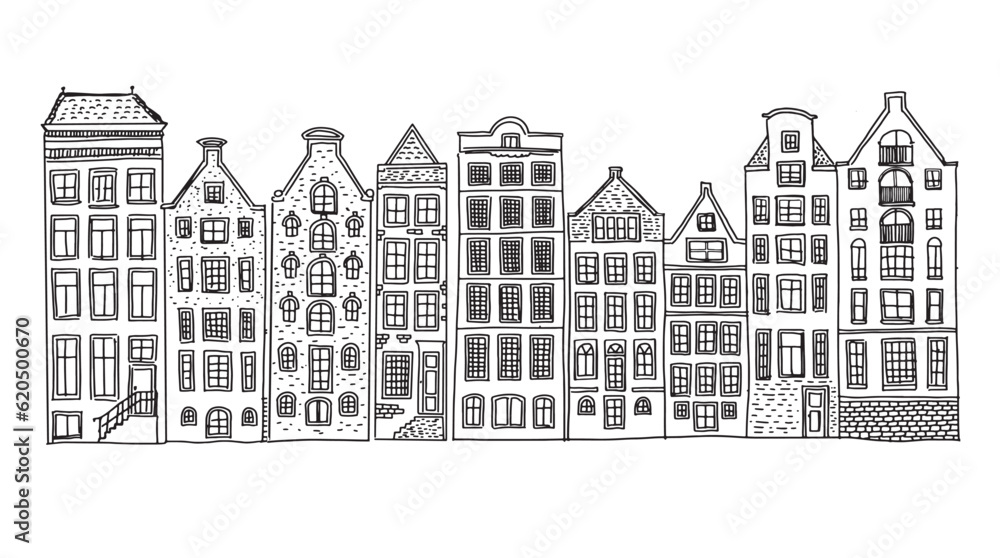 Houses facades in a row, Amsterdam hand drawn illustration.	
