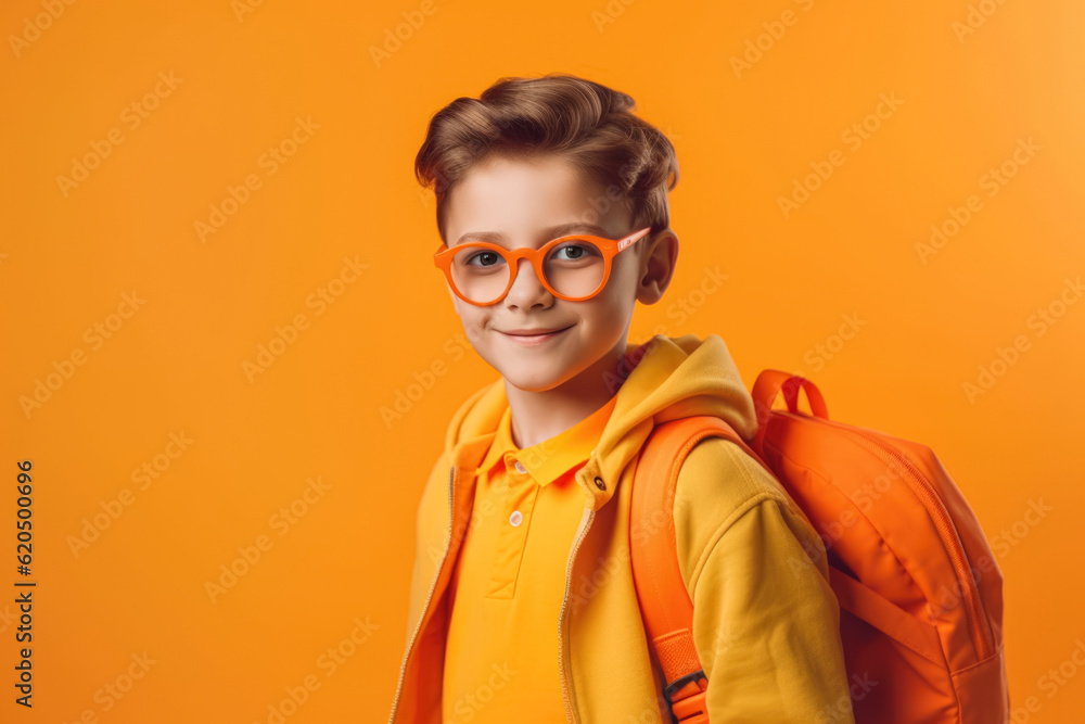 schoolboy with glasses with backpack is ready to go to school for education. generative AI schoolboy with glasses with backpack is ready to go to school for education. generative AI