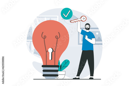 Finding solution concept with people scene in flat design for web. Man brainstorming and finding key idea to keyhole of imagination. Vector illustration for social media banner, marketing material.