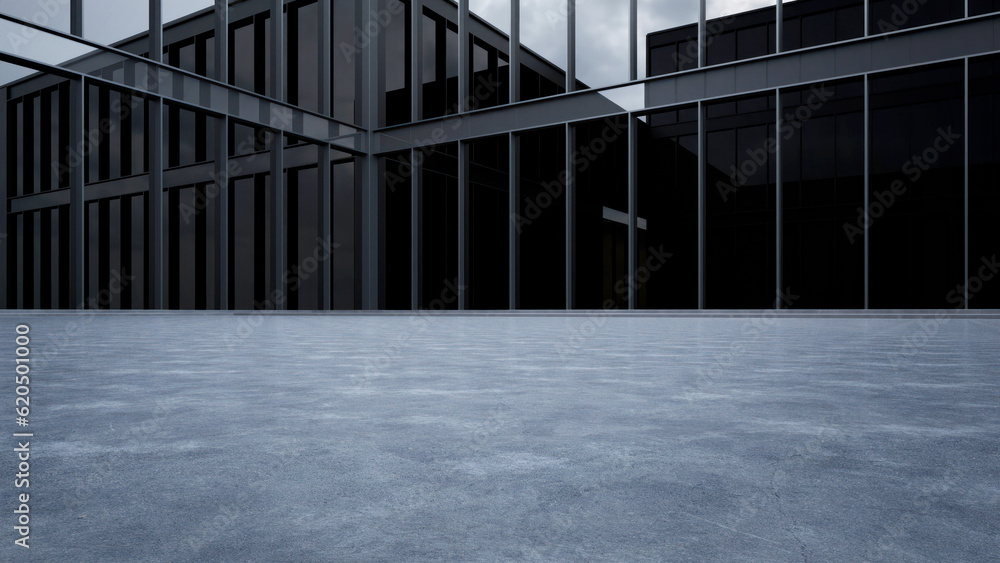 Fototapeta premium 3d render of modern glass architecture entrance with empty concrete floor. Scene for car presentation.