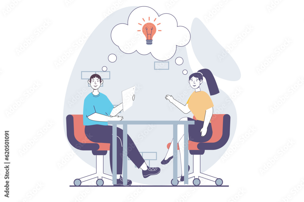 Focus group concept with people scene in flat design for web. Man and woman discussing, generating ideas and brainstorming at meeting. Vector illustration for social media banner, marketing material.