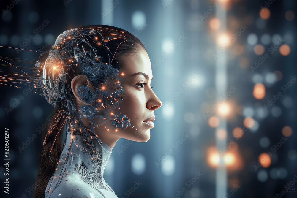 artificial intelligence concept Technology background, woman human face and digital elements, robots and artificial intelligence. Generative AI artificial intelligence concept Technology background, woman human face and digital elements, robots and artificial intelligence. Generative AI