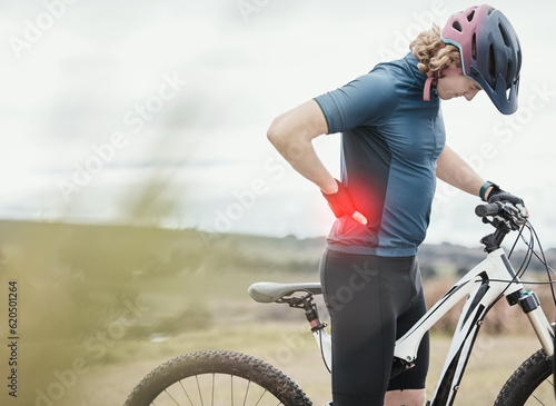 Canvas Print Man, bicycle and back pain in fitness injury, cycling or ache from exercise, workout or cardio in nature outdoors
