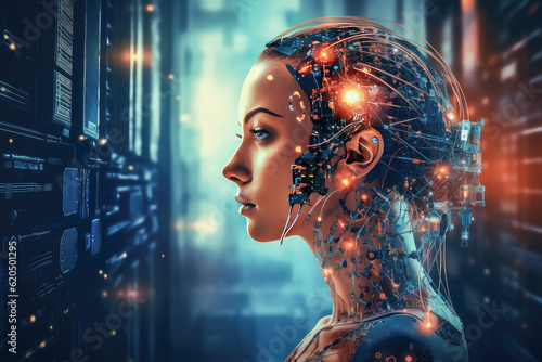 artificial intelligence concept Technology background, woman human face and digital elements, robots and artificial intelligence. Generative AI © jitchanamont