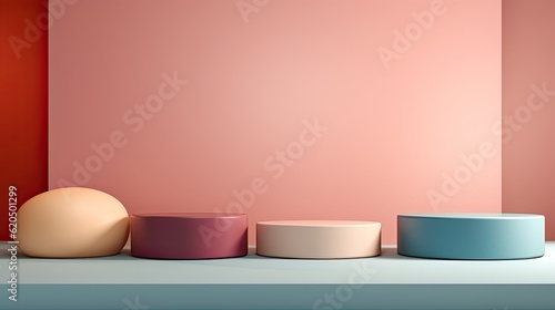 Wallpaper Mural Set of beige, blue, soft pink and white realistic 3d cylinder pedestal podium in pastel Torontodigital.ca