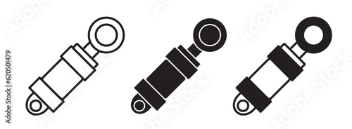 Hydraulic cylinder icon set in filled and outlined style. Black machine hydraulic pump system vector symbol photo