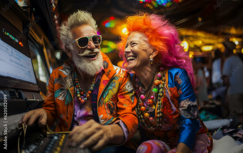 Elderly man and woman in colorful casino room surrounded by machines ...