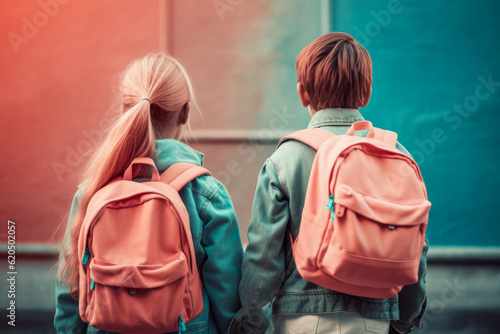 back view of two friendly schoolkids in uniform with backpacks. Generative AI