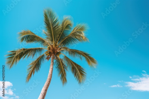Tropical palm tree against a blue sky. Generative AI  © midart