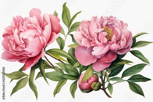  Watercolor peony flowers and green leaves separated Generative AI 