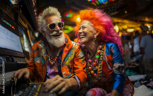 Print op canvas Elderly man and woman in colorful casino room surrounded by machines and colorful lights