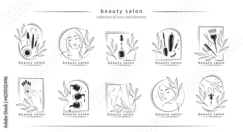 Big set of elements and logos for beauty salon. Nail polish,  manicured female hands and legs, beautiful woman face, eyelash extension, makeup, hairdressing. Black and white vector illustrations
