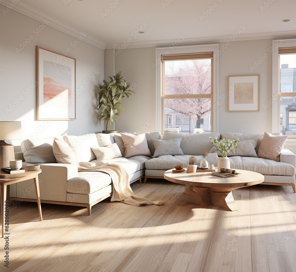Fototapeta premium Living room interior with sofa and coffee table. 3d render.