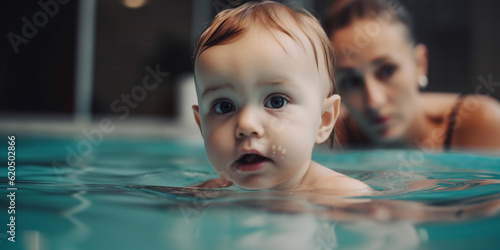 Generative AI  a small child learns to swim in the pool  baby swimming  blue water  cute children  swimming training advertisement  space for text  big eyes  early development  healthy lifestyle
