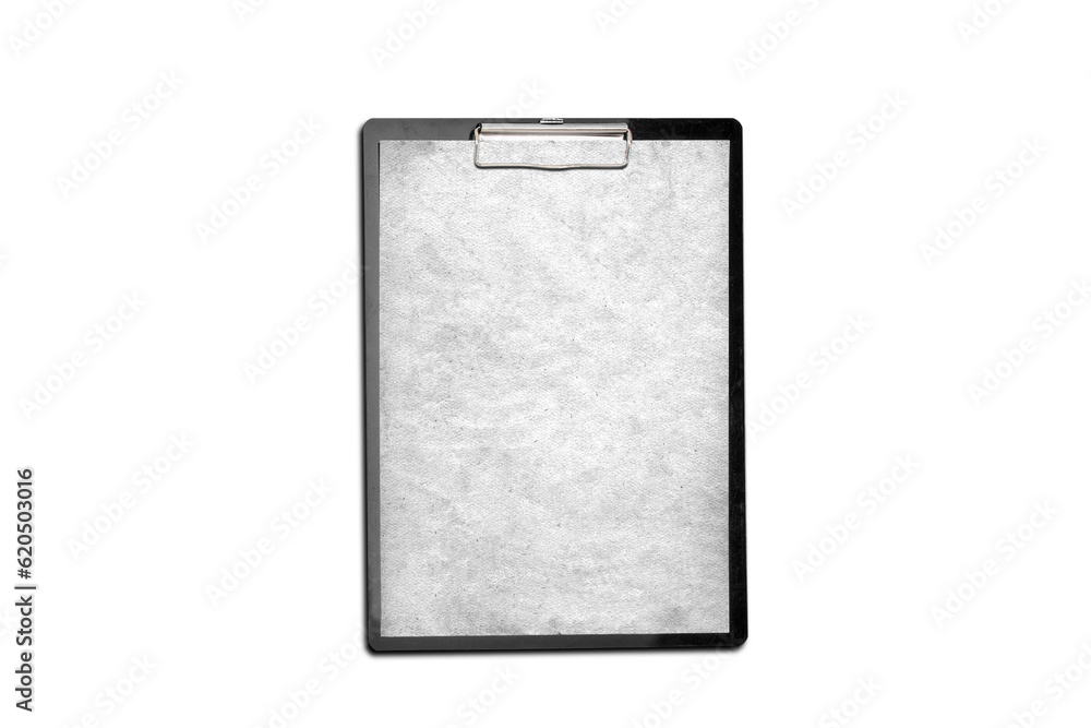 An old piece of paper is clamped in a tablet on white An old piece of paper is clamped in a tablet on white