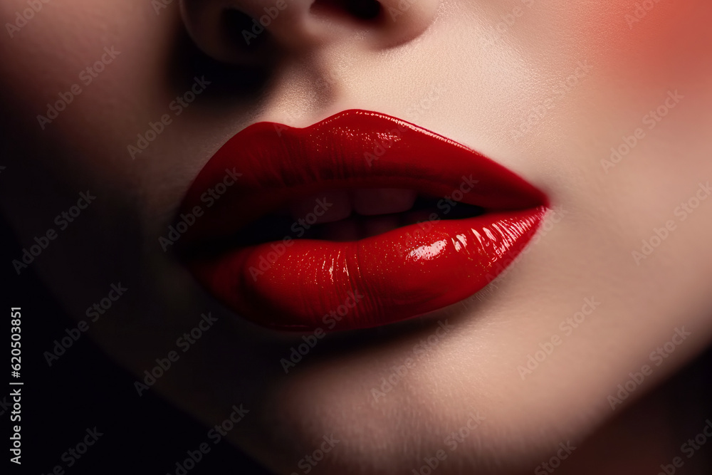 Fototapeta premium woman lips with red lipstick with open female mouth close-up. Beauty concept. Generative AI illustration