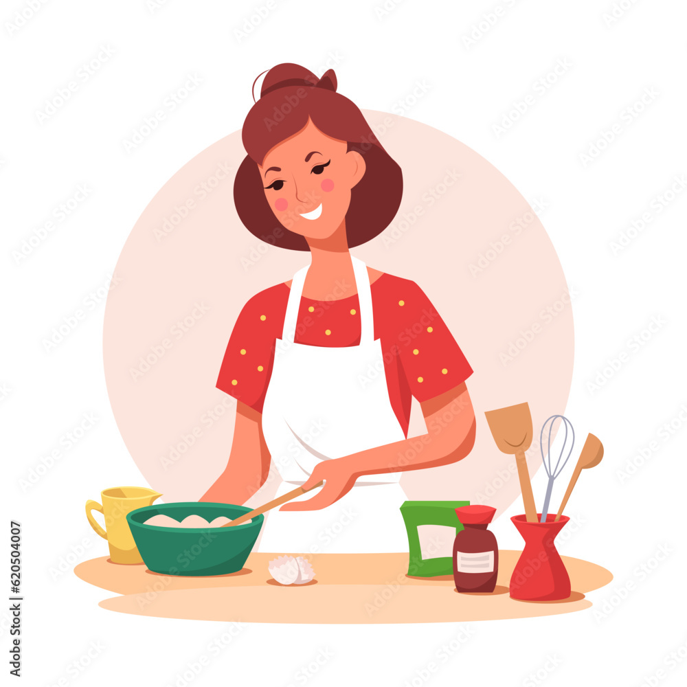Young Woman is Cooking in Kitchen. Healthy Food. Cute Vector Illustration in Cartoon Style. Young Woman is Cooking in Kitchen. Healthy Food. Cute Vector Illustration in Cartoon Style.