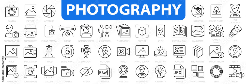 Photography icon set. Camera, photographer, video, photo and more. Photography studio. Vector illustration. - obrazy, fototapety, plakaty 