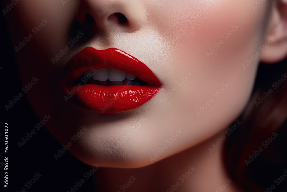 Sexy female lips with red lipstick close-up. Concept of female beauty. Generative AI illustration Sexy female lips with red lipstick close-up. Concept of female beauty. Generative AI illustration