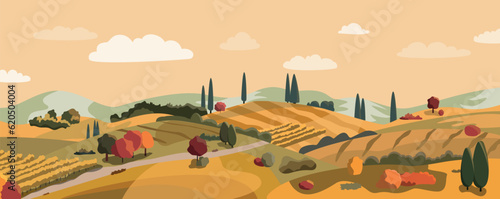 Italian village cartoon landscape with hills and fields in autumn colors. Vector illustration. Flat design banner. European fall village. European countryside in fall.