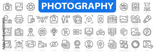 Photography icon set. Camera, photographer, video, photo and more. Photography studio. Vector illustration.