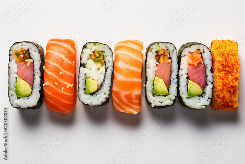 variety of sushi rolls isolated on grey table,minimalist background