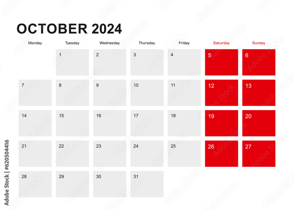 2024 October planner calendar design. Week starts from Monday. Stock