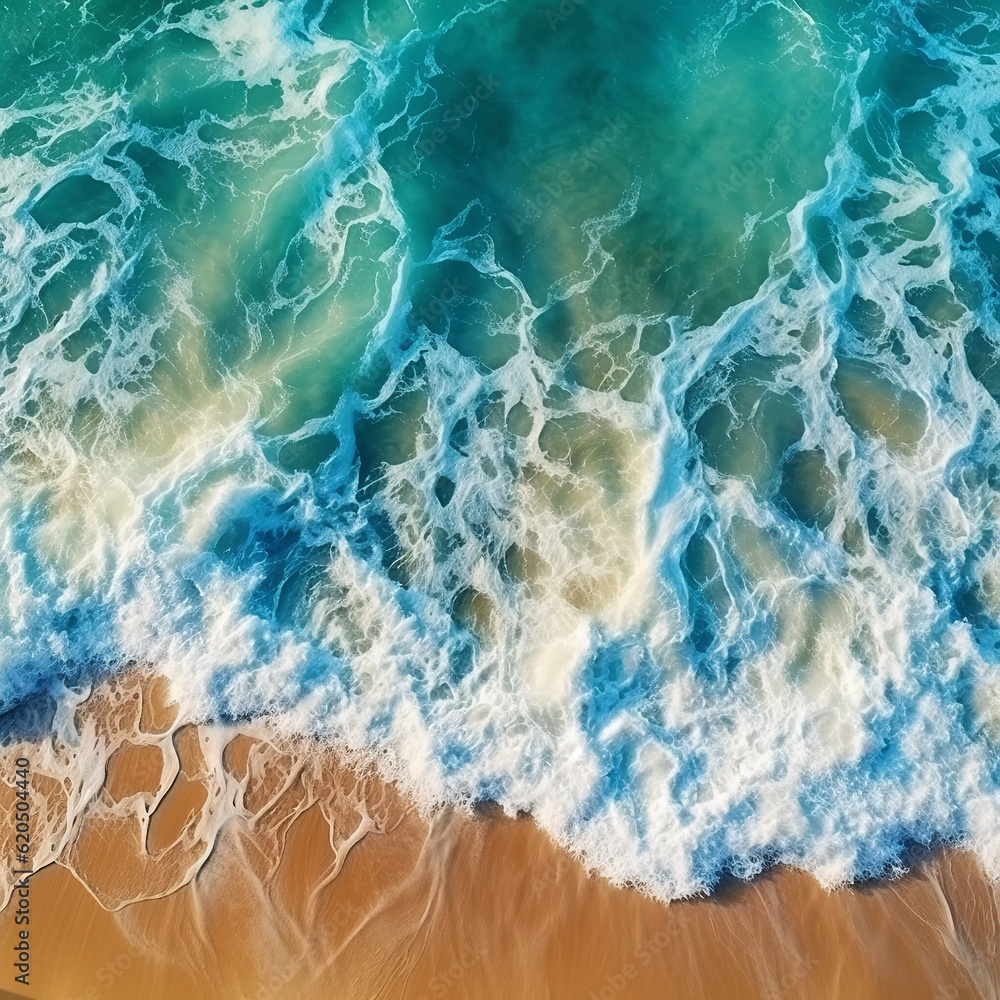 Obraz premium Charming aerial perspective of sea waves and sandy beach. Good for a background image. Beautiful seascape of nature. Calm summer vacation or festive landscape. Generative AI