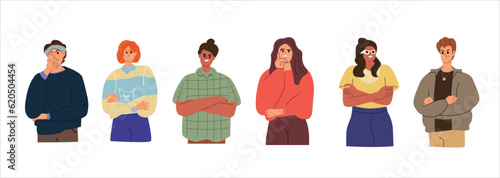 Sceptic unsure people doubt, think with suspicious puzzled face expressions. Doubtful serious characters set. Mistrust, distrust and disbelief. Flat vector illustrations isolated on white background