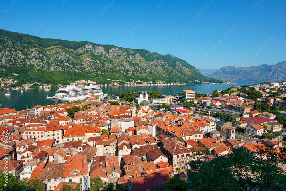 view of the old town of Kotor in Montenegro and bay, medieval architecture, travel