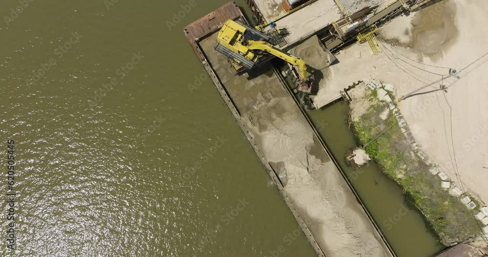 Overhead Digging Overhead View Of Excavator Unloading Gravel Fom Barge Into The Open-pit ...