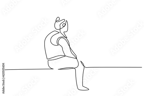 obese overweight sad thoughtful woman sitting line art