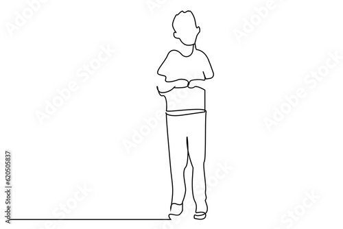 young boy standing waiting full body length line art