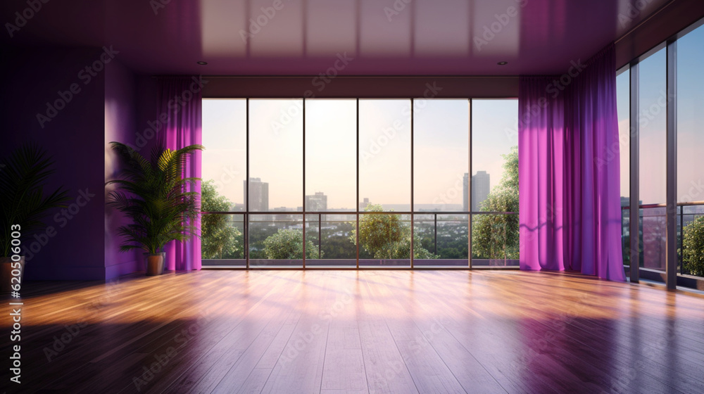 Interior empty light apartment with wooden parquet and purple walls. Modern design. Big room with copy space. Generative AI	
