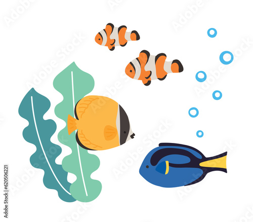 夏の海のかわいい魚のベクターイラストセット